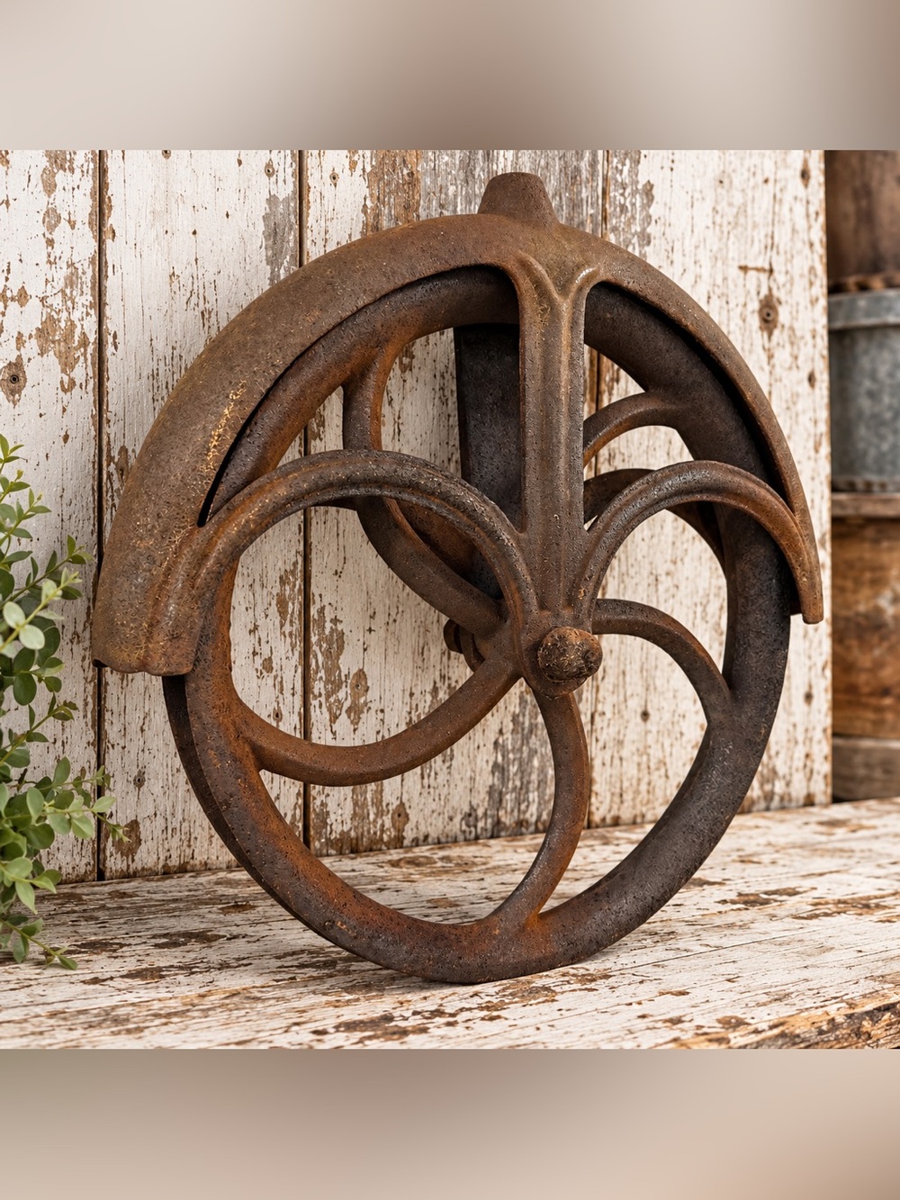 Antique 13” Cast Iron Pulley Wheel Primitive Farm Barn Industrial Decor
